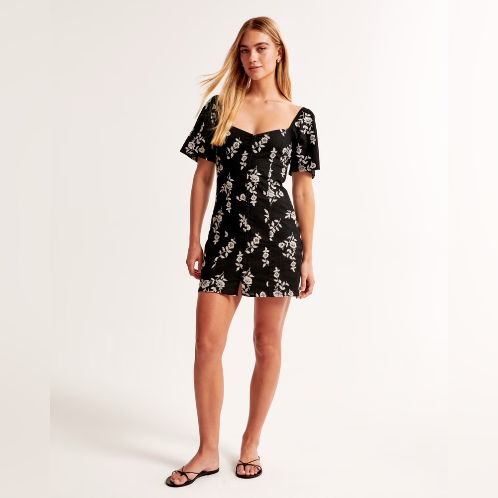 Abercrombie & Fitch Floral Linen Black and Cream Embroidered Mini Dress XSP